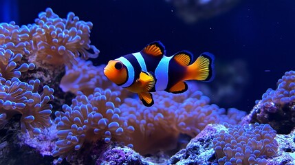 Fototapeta premium A vibrant clownfish swims among purple and orange anemones in a blue aquarium.