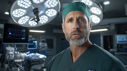 Surgeon in Scrubs Prepares for a Critical Operation in a Modern Hospital Operating Room During a Night Shift, Highlighting Dedication to Patient Care and Surgical Precision