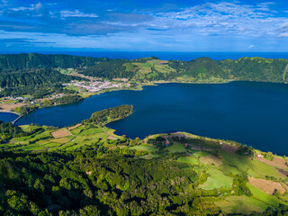 Azores landscape panoramic view. Aerial drone view of Sete Cidades, Lagoa Azul, Miradouro da Grota do Inferno viewpoint in Sao Miguel Island, Portugal