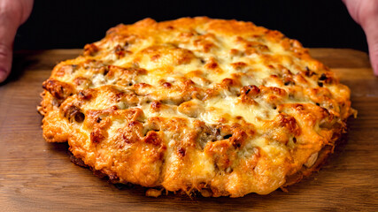Baked potato casserole with a rich cheesy crust on wooden board on a black background