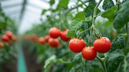 Fresh red tomatoes growing on vine in greenhouse, organic agriculture, healthy produce, sustainable farming, vibrant ripe tomatoes, horticulture in controlled environment, green leaves background