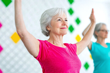 A senior woman doing chair yoga exercises with assistance from a caregiver.
