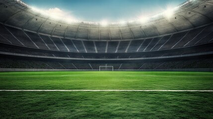 A Wide View of an Empty Soccer Stadium With Bright Floodlights Illuminating a Well-Maintained Green Pitch Before the Match Begins in the Evening