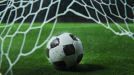 A Close-Up View of a Soccer Ball Resting in the Net After a Goal is Scored on a Well-Maintained Grass Field Illuminated by Stadium Lights at Night