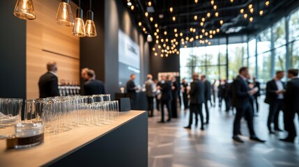 Business Networking Event at Modern Venue With Elegant Lighting and Professionals Engaging in Conversations and Enjoying Refreshments, Showcasing a Vibrant Atmosphere During the Evening