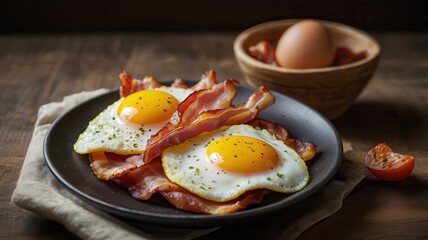 Scrambled eggs with bacon mustard background