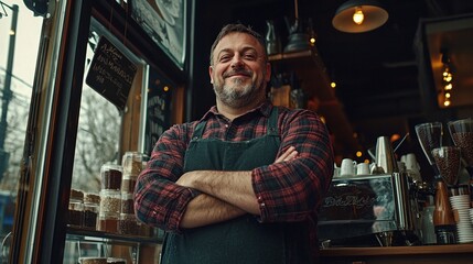 A Proud Barista Stands Confidently With Folded Arms in a Bustling Coffee Shop During the Morning Rush, Showcasing a Warm Atmosphere and Inviting Space for Patrons