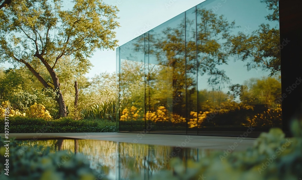 Poster A modern glass building with a reflecting pool in front, surrounded by greenery and trees.