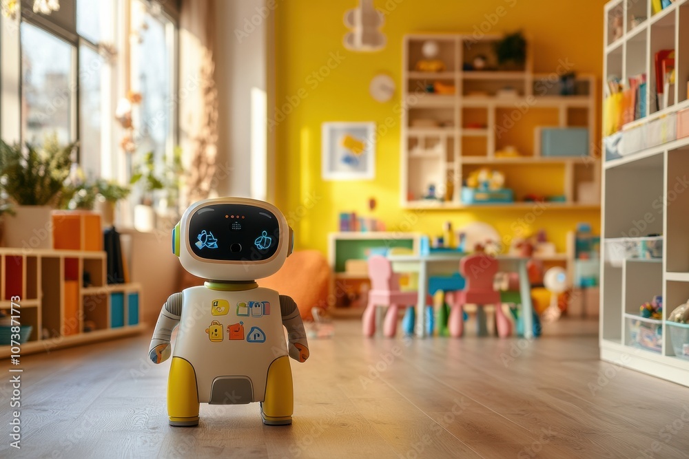 Aufkleber a joyful children's room features cheerful robot assistants helping kids explore creativity and lear