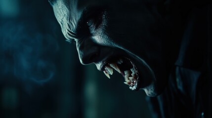 Dark horror vampire with fangs in dramatic lighting