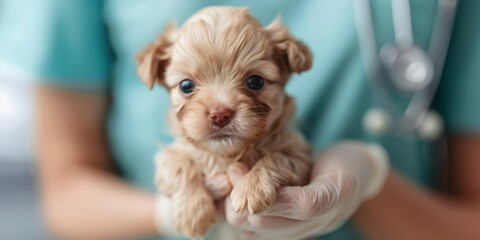 A tiny puppy is cradled gently in gloved hands. Concept of care and veterinary support. For pet care promotions