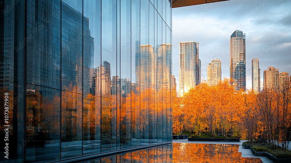 Poster A modern glass building with a reflection of a city skyline and fall foliage.