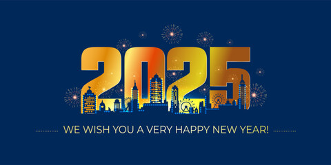 Vector illustration of New Year 2025 celebration background with modern decorated building, city skyline and fireworks sky.
