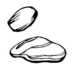 Stones sketch. Vector monochrome illustrations of Natural stone in outline style. Hand drawings in black and white graphics. Outline doodle rock structure. Pebble and boulders painted by black inks