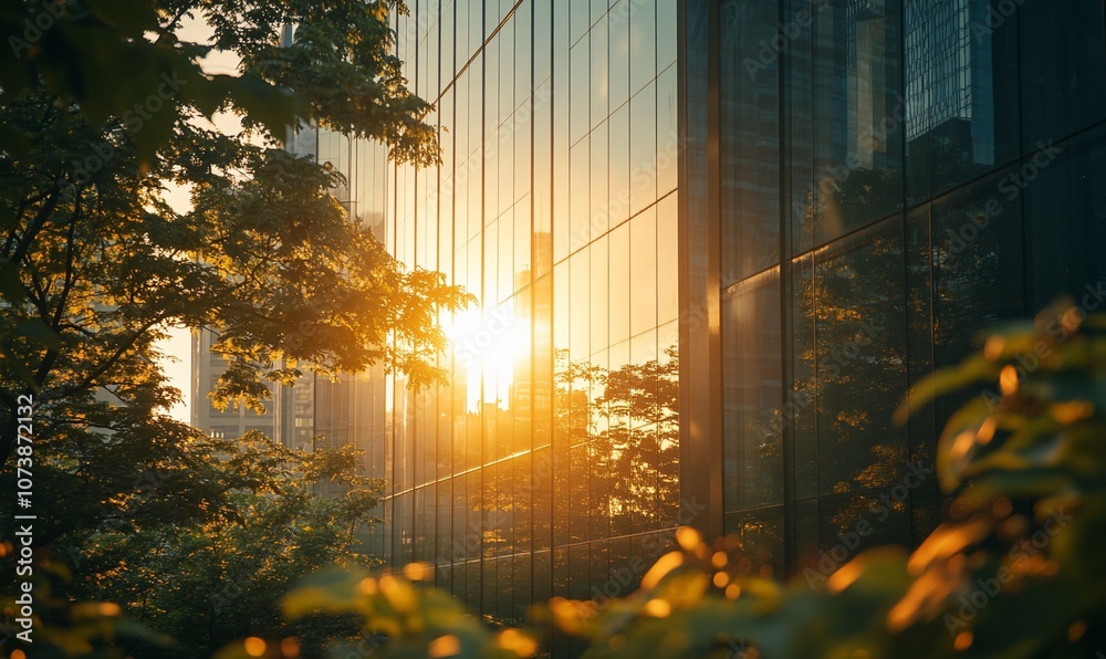 Poster A modern glass building with a sunset reflecting in the windows. The building is surrounded by trees and greenery.