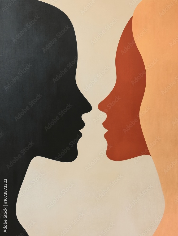 Leinwandbilder Two abstract silhouettes interact, showcasing the themes of connection and understanding through subtle pastel hues. Generative AI