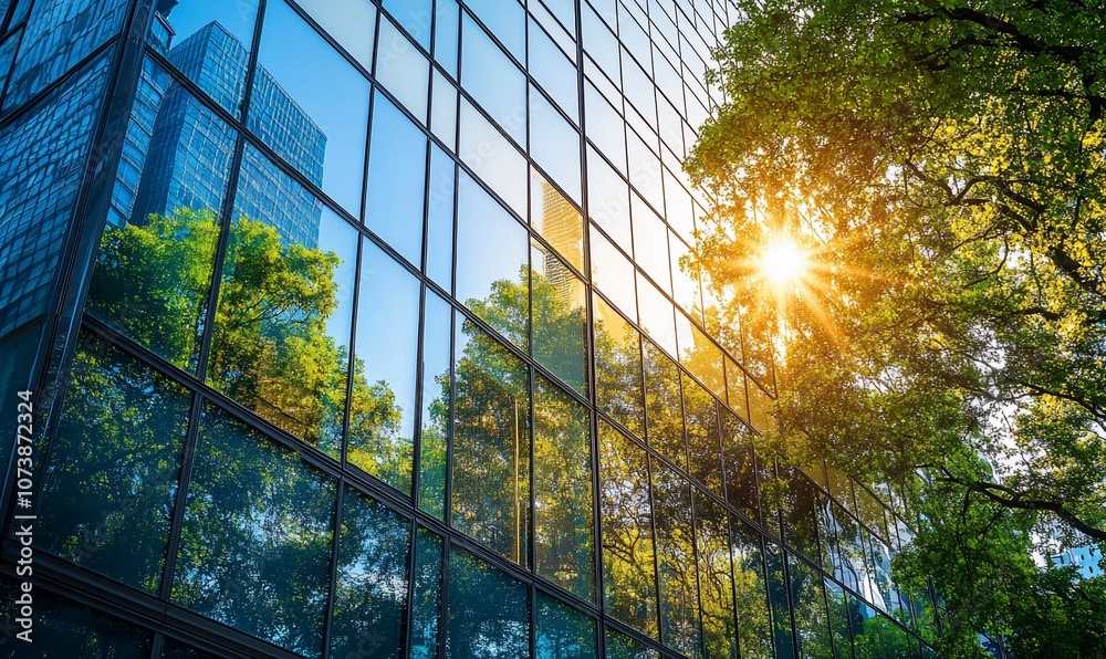 Poster a modern glass building with trees reflected in its windows. the sun shines brightly, casting a warm