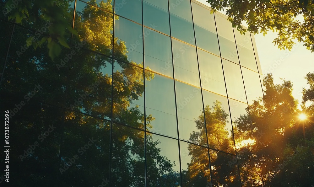 Poster a modern glass building with trees reflecting in the windows, with the sun shining through.