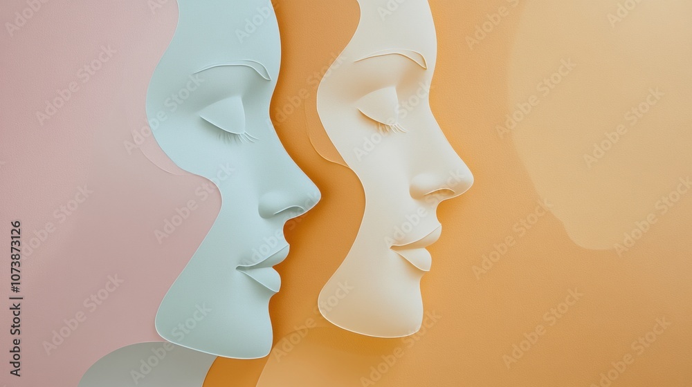 Poster Two abstract silhouettes in calming pastel colors illustrate communication and empathy, conveying a deep connection between the figures. Generative AI