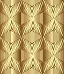 Seamless geometric pattern in grey golden blue pink tints. Modern stylish texture. Repeating geometric background. Hexagons with striped surfaces.