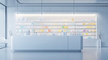 A modern hospital pharmacy counter with organized medication, minimalist design and bright lighting for an efficient and professional space.