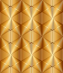 Seamless geometric pattern in grey golden blue pink tints. Modern stylish texture. Repeating geometric background. Hexagons with striped surfaces.