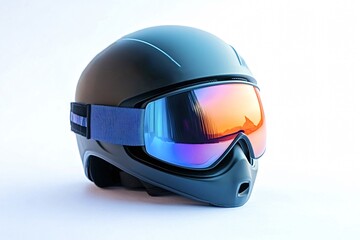 Fototapeta premium Studio shot of a black ski helmet with attached goggles reflecting a vibrant sunset, placed on a clean white background, ready for winter adventures
