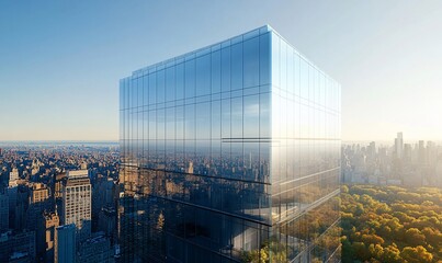 Fototapeta premium A modern glass skyscraper stands tall against the backdrop of a cityscape, with the sun reflecting off its windows.