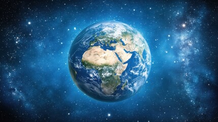 Fototapeta premium A stunning view of Earth, with a deep blue sky studded with twinkling stars. The planet's continents and oceans are clearly visible, showcasing the beauty of our world from afar.