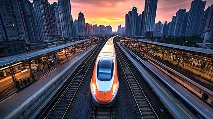 Fototapeta premium High-speed train leaves a city station at sunset, surrounded by skyscrapers. The scene captures the city's dynamic vibe and advanced transportation system