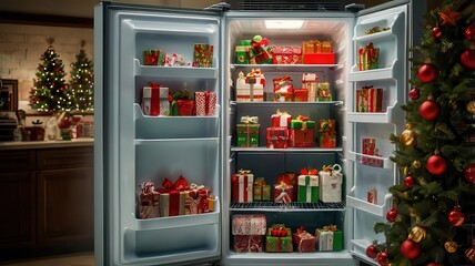 Christmas fridge with food background