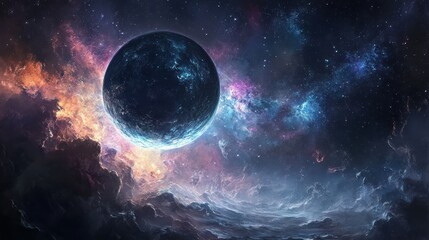 Obraz premium A stunning view of a large planet with swirling clouds and a colorful nebula in the background.