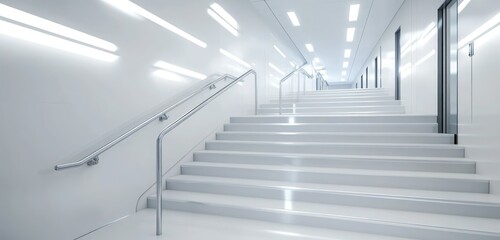 Obraz premium A modern hospital stairwell with sleek handrails and bright lighting, clean white walls and polished floors creating a sterile and professional environment.