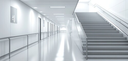 Obraz premium A modern hospital stairwell with sleek handrails and bright lighting, clean white walls and polished floors creating a sterile and professional environment.