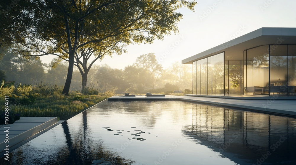 Poster a modern house with a large swimming pool and a deck in the background, all surrounded by trees and 