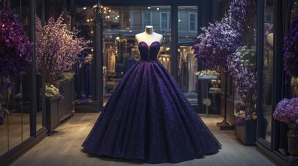 A stunning purple gown displayed in a boutique surrounded by floral arrangements.