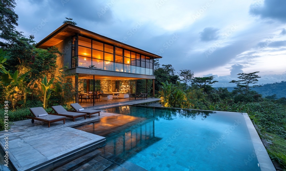 Poster a modern luxury villa with a swimming pool and a view of the mountains at dusk.