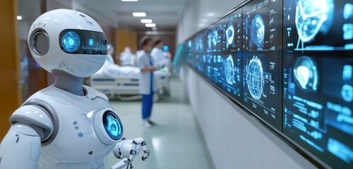 A smart hospital ward where robots assist nurses, AI monitoring systems track patient vitals, and advanced screens display real-time health data.