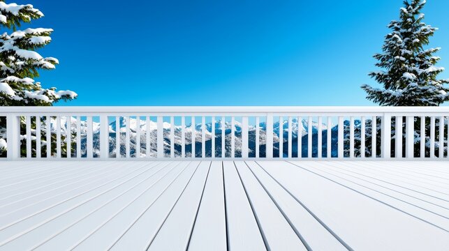 Serene Winter Landscape with Snow-Covered Trees and Majestic Mountain Range Under Bright Blue Sky from a Cozy White Deck
