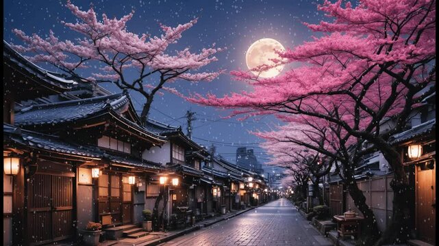 anime wallpaper featuring Tokyo and Japanese streets during cherry blossom season, blending eco-friendly city views, beautiful backgrounds, and village architecture, with light-filled skies