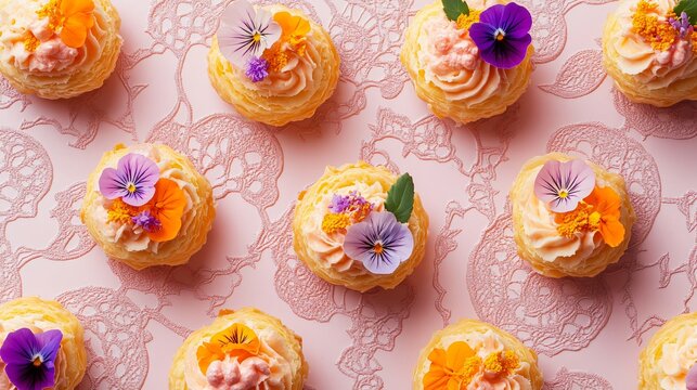 Choux pastries topped with edible flowers, isolated on a blush pink background with intricate lace designs