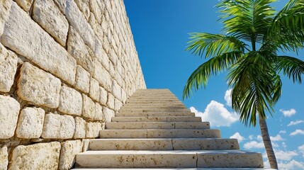 Fototapeta premium Serene Staircase Leading Upward Under a Bright Blue Sky Surrounded by Natural Beauty and Lush Greenery, Evoking a Sense of Peace and Tranquility in an Outdoor Setting