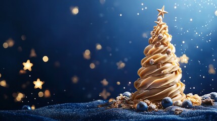 Choux tower decorated with caramel threads, isolated on a deep blue background with starry decorative elements