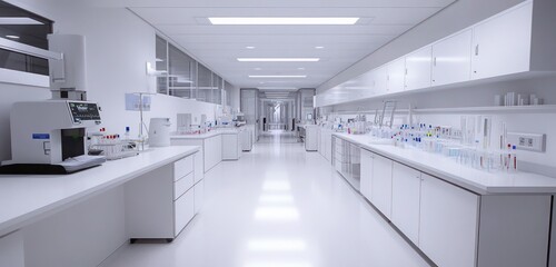 A sterile hospital lab for testing samples, bright lighting, clean white counters, and advanced diagnostic equipment.