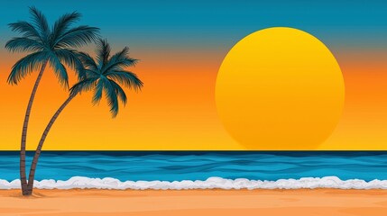 Obraz premium Beautiful Tropical Sunset with Palm Trees Against Vibrant Sky and Calm Ocean Waves, Perfect for Travel and Vacation Themes
