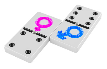 Domino with female and male symbols. Relationships between man and woman, concept. 3D rendering isolated on transparent background