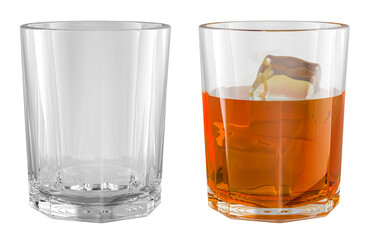 Empty glass and glass with alcohol drink and ice. 3D rendering isolated on transparent background