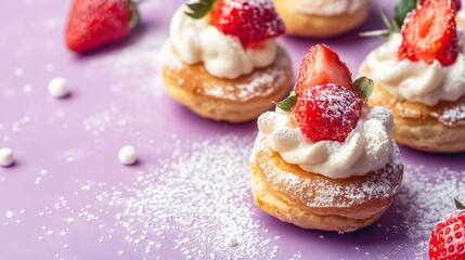 Cream puffs topped with fresh strawberries, isolated on a lavender background with sugar dust and white decorative accents