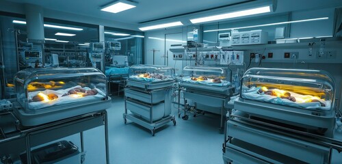 A sterile hospital neonatal care unit with small incubators, bright lighting and organized equipment for newborn care.