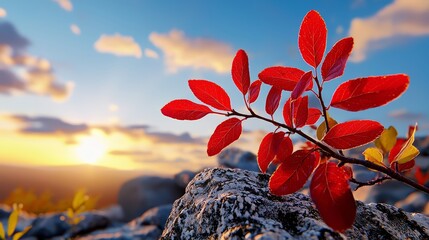 Vibrant Red Leaves on Rocky Surface Against a Beautiful Sunset Sky with Soft Clouds and Warm Light, Capturing the Essence of Autumn's Splendor in Nature